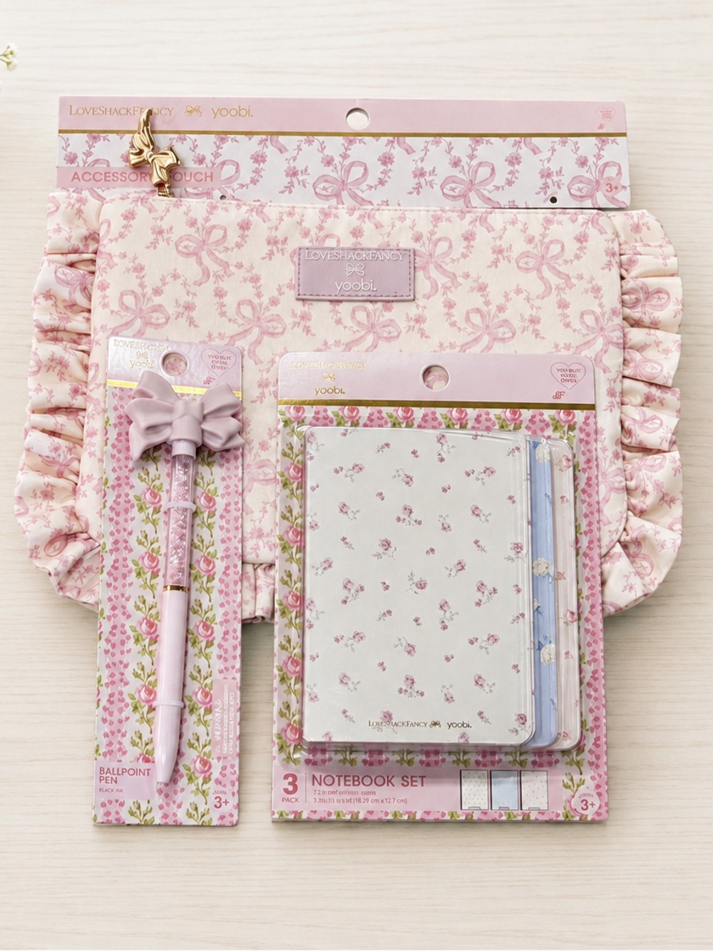 LoveShackFancy Pink  Zip Case, Mini Journal, Bow Pen Set